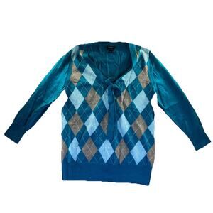 Talbots Italian Merino Wool Sweater M Teal Argyle Tie Neck Bow 3/4 Sleeve